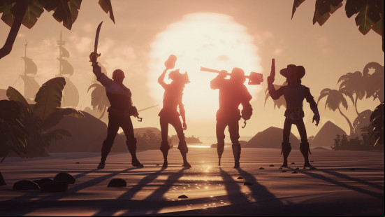 Best cross-platform games: Sea of Thieves. Image shows pirates celebrating in front of a setting sun.