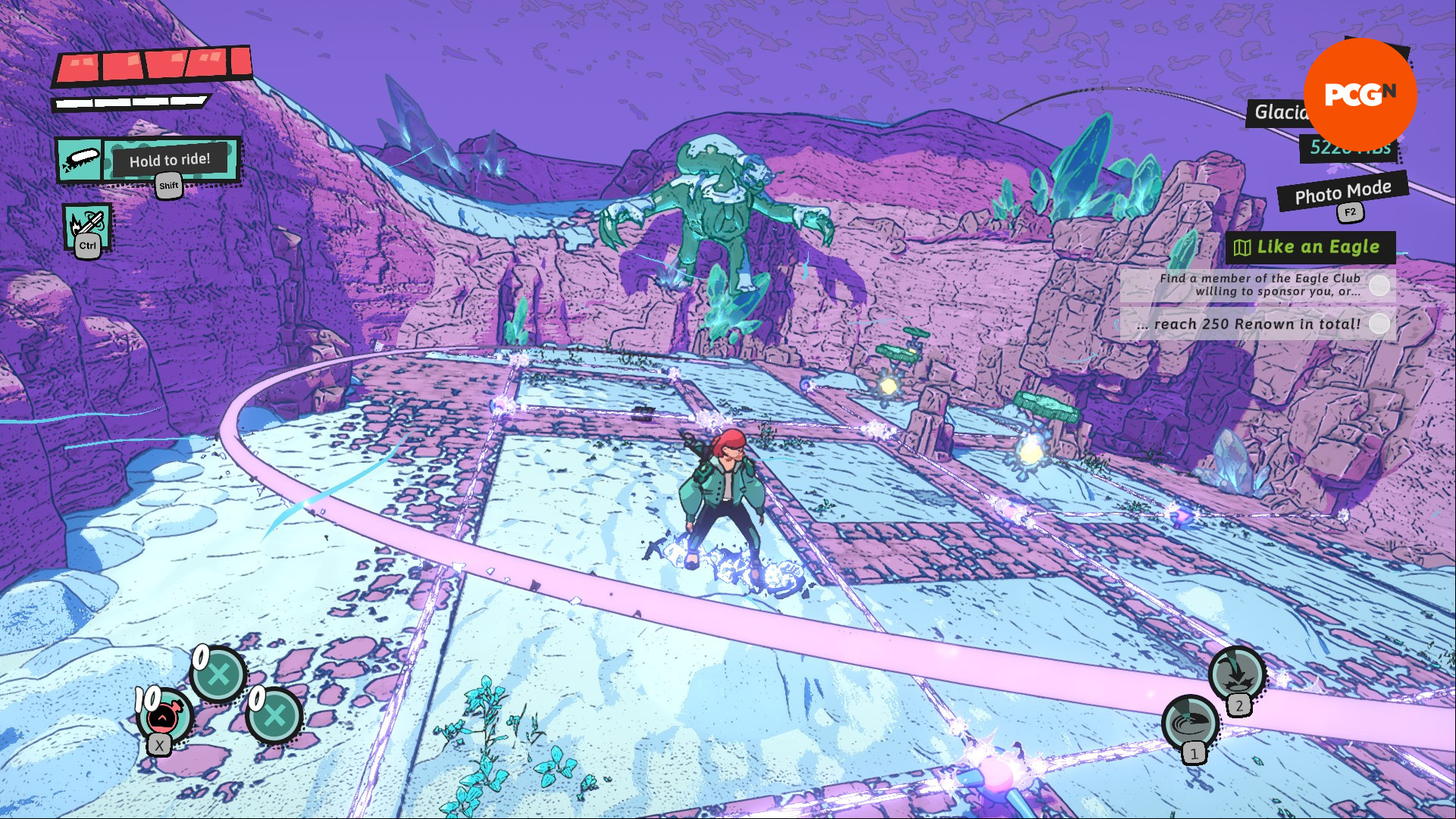 Dungeons of Hinterberg preview - Luisa uses a magical hoverboard to glide across a rail over a snowy dungeon.
