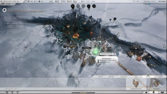 Frostpunk 2 story mode: a huge human settlement set deep intoside a crater, surrounded by snow.