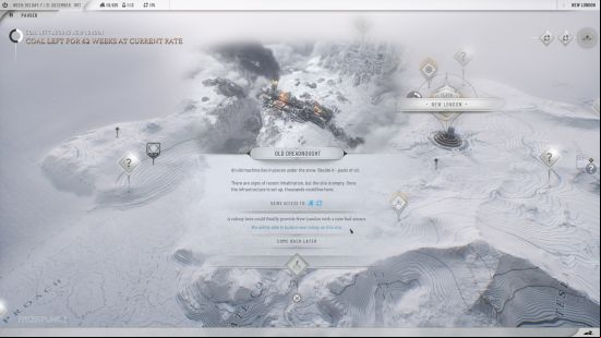 Frostpunk 2 story mode: a birdeye view of a frozen tundra, with amsll human settlements.