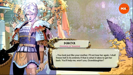 One of Demeter's voice lines, played by Laila Berzins in the Hades 2 cast, written on screen as it spoken.