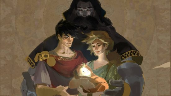 Hades 2 Zagreus: a painting of the son of Hades and Persephone stands with them, looking over a radiant newborn baby.