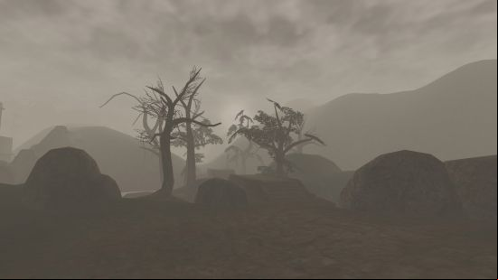 A misty scene from the West Gash region of Morrowind, with trees and plants barely visible.