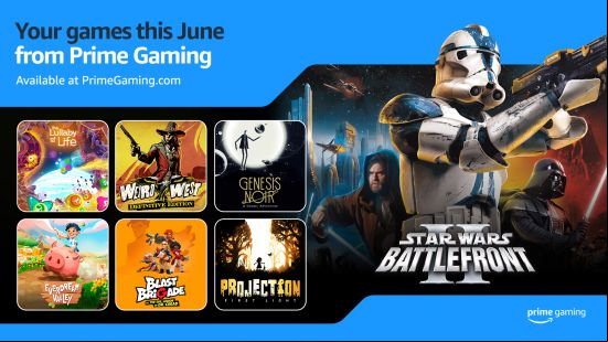 A gallery of the Prime Gaming rewards in June 2024 including Star Wars Battlefront II