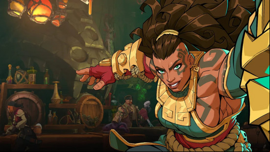 2xko-illaoi 2XKO alpha playtest: a muscular woman with tied back hair, wearing golden clothes.