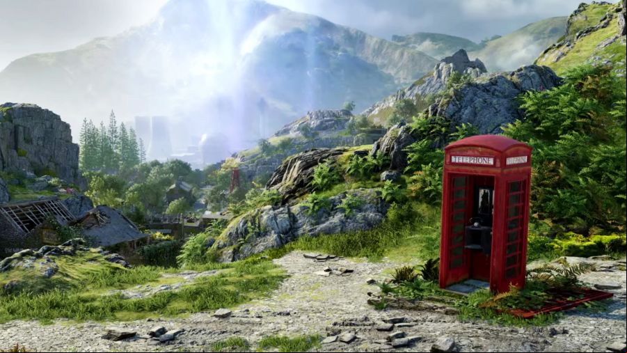 Atomfall - A red phone box sits in the foreground of an idyllic countryside scene spoiled by a nuclear power plant.