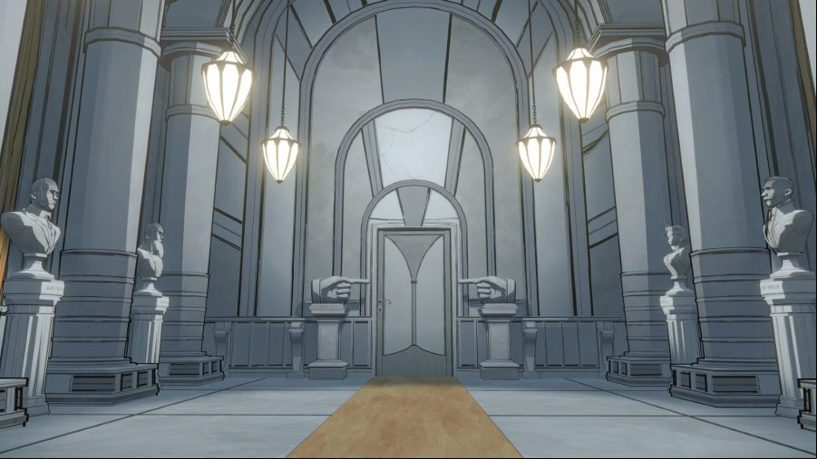 A vast corridor in Blue Prince, lined with busts, and two statues of hands point to a door at the far end.