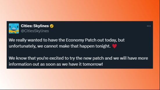 The full tweet explaining the Economy 2.0 patch delay.