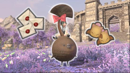 The FF14 Twitch rewards, including Buttery Mogbiscuit, Aetheryte tickets, and a Chocorpokkur Mount.