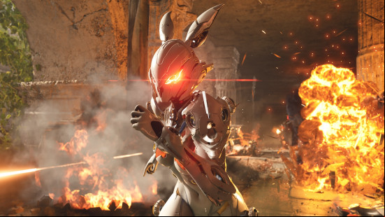 first-descendant-bunny-ultimate The First Descendant Ultimate Descendants: a person wearing a robotic rabbit armor set runs away from an explosion.