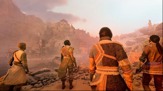 Four characters look over an expanse in the Greedfall 2 preview