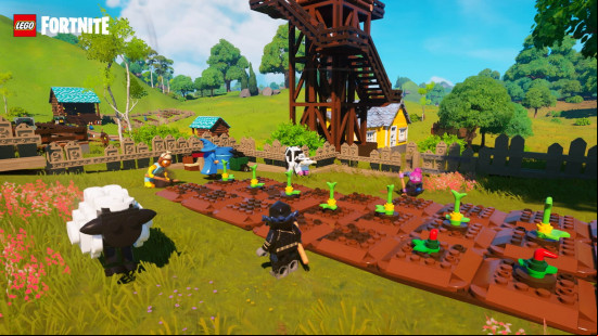 A Lego person tends to their farm in Lego Fortnite, one of the best games like Minecraft.