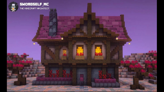 A Minecraft house made from a series of crimson blocks and other matching resources.