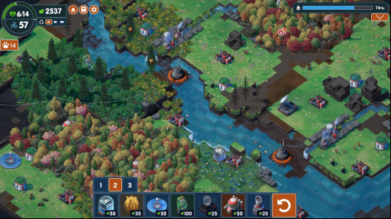 The isometric view of Terra Nil, one of the best strategy games, showing trees and a river, with various machinery dotted around.