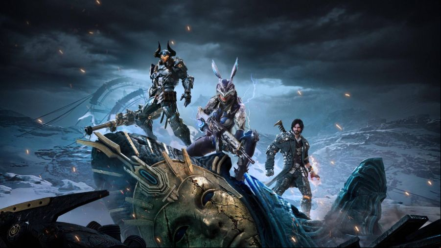 The First Descendant: Three heroes, one in a bunny rabbit inspired mechanic suit, standing on a fallen statue head, the sky dark behind them