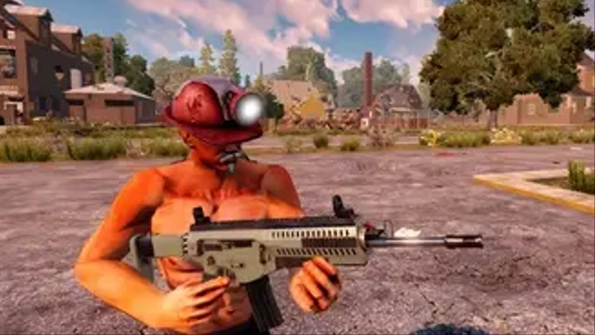 A character holds a weapon only available in-game thanks to one of the best 7 Days to Die mods: Firearms Expansion.