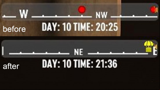 A before and after image of the com with the No Enemy Indicators 7 Days to Die mod.