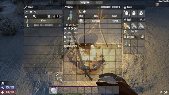A screenshot shows the crafting recipe for turning snow to water thanks to one of the best 7 Days to Die mods.