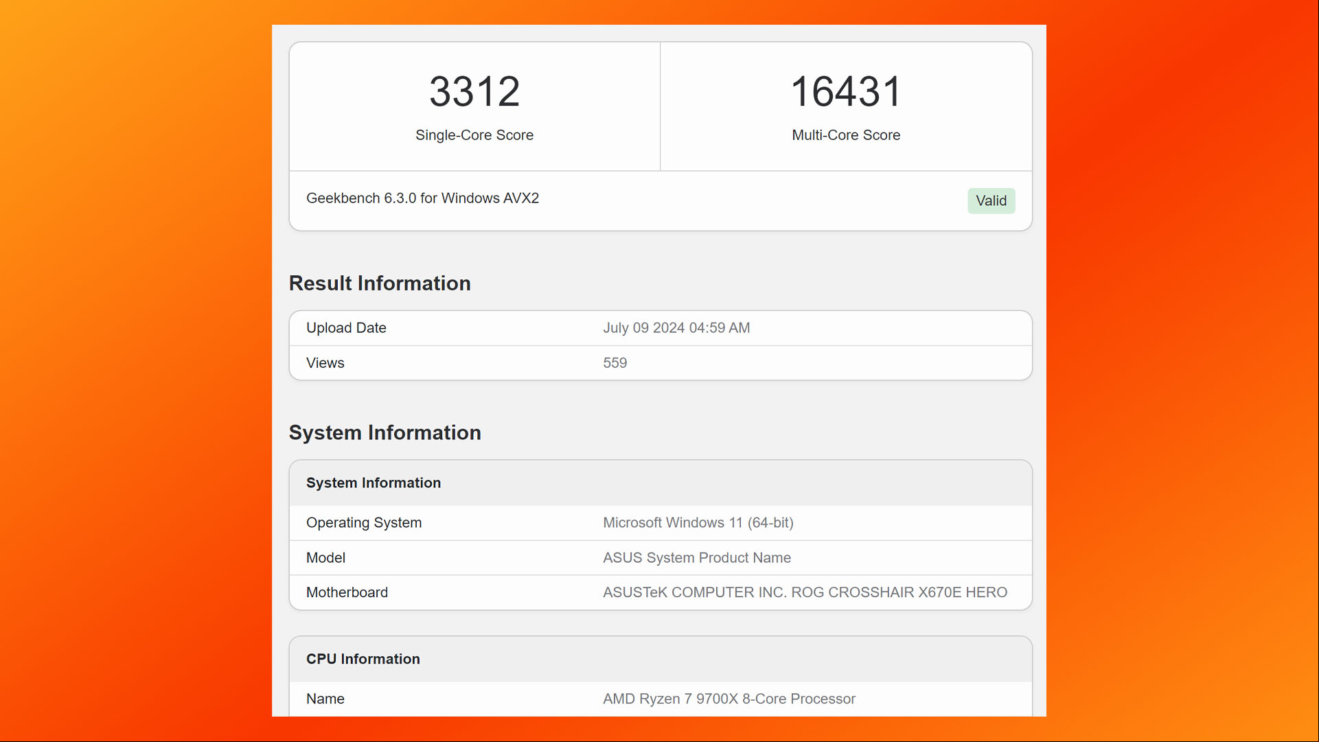AMD Ryzen 7 9700X benchmark leak screenshot from Geekbench browser