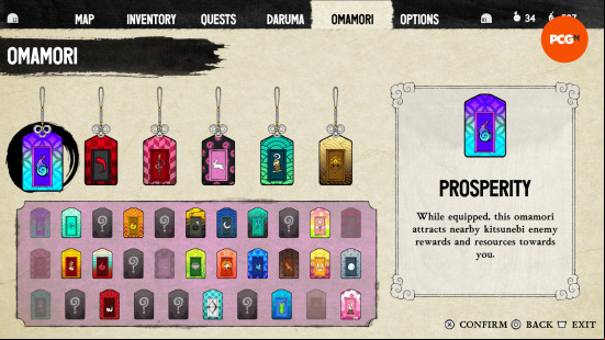 an inventory page in bo path of the teal lotus showing omamori amulets