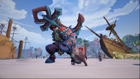 Fellowship preview: a large tank hoists an anchor on his back with teammates in the background