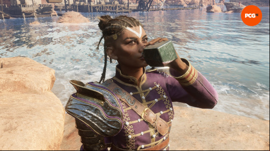 a close up of nor drinking a healing flask in flintlock