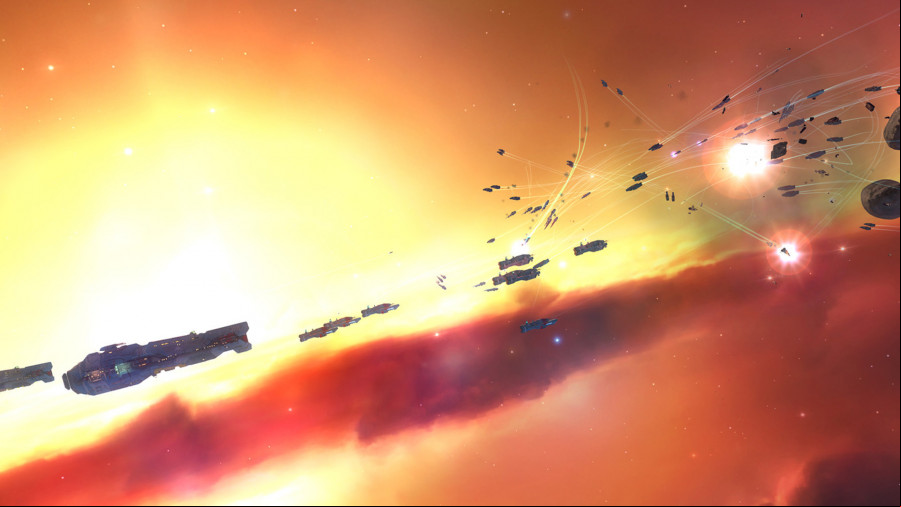 Several ships fly through the void in Homeworld.