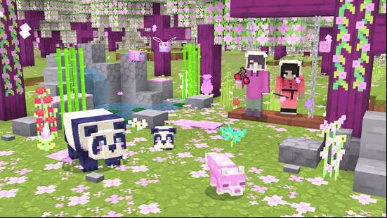 A pink pastel Minecraft world with the bedrock edition Minecraft texture pack Sweetheart.