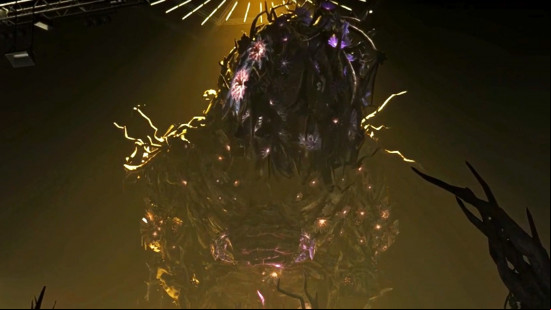 A large, face-less monster, the Mensdevoran, one of the Once Human bosses, looms over the player.