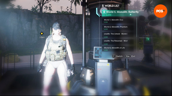 Once Human change worlds: a player character standing next to a Teleportation Tower with the UI open