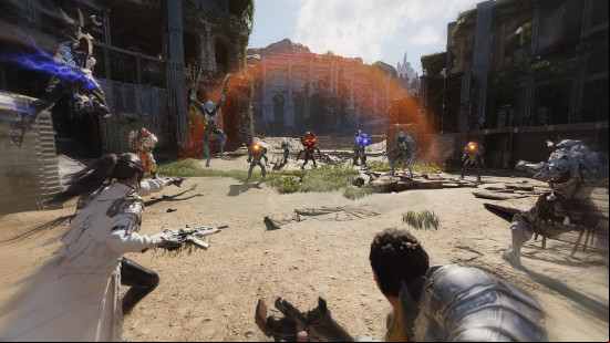 the-first-descendant-crossplay-battle The First Descendant crossplay: three marriors fight together against a horde of beasts.