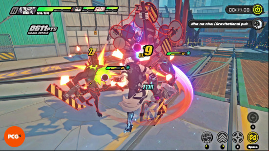 Zenless Zone Zero review: Lycaon attacks a mob of Ethereals in a Hollow as different damage counters populate around him.