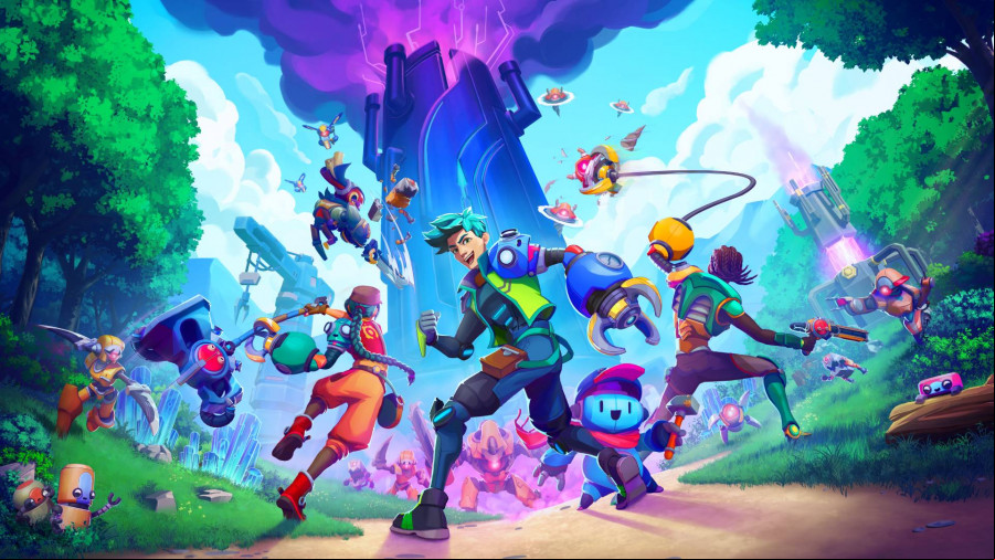 Lynked Banner of the Spark: A group of heroes rush towards a towering purple stone, a man with blue hair and a green jacket looking over his shoulder at the camera and smiling