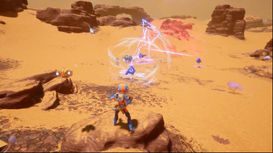 A lightning bolt shoots between Revenge of the Savage Planet creatures