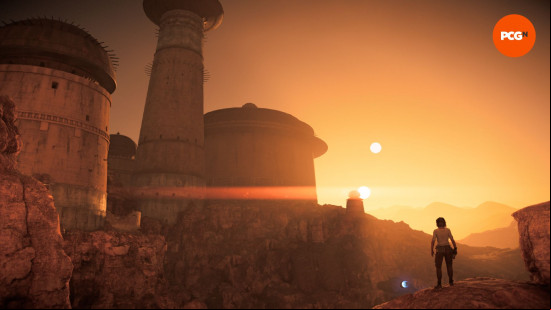 Star Wars Outlaws review: a female human and her alien pet stand on the edge of a cliff looking at the sunset.