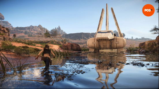 Star Wars Outlaws review: a woman wearing a black waistcost creeps towards a huge spaceship.
