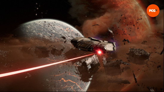 Star Wars Outlaws review: a boxy spaceship fires a laser from its mounted cannon.