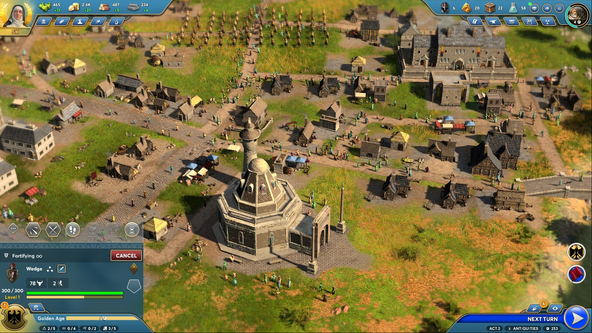 Ara History Untold review: Zooming in on one of Ara's towns will show multiple citizens mulling about, around little houses and municipal buildings.