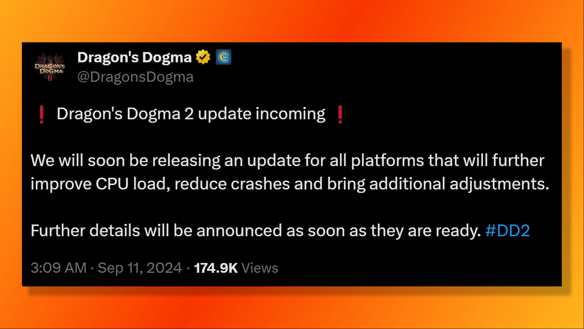 Dragon's Dogma 2 PC patch details in a post on X (formerly Twitter)