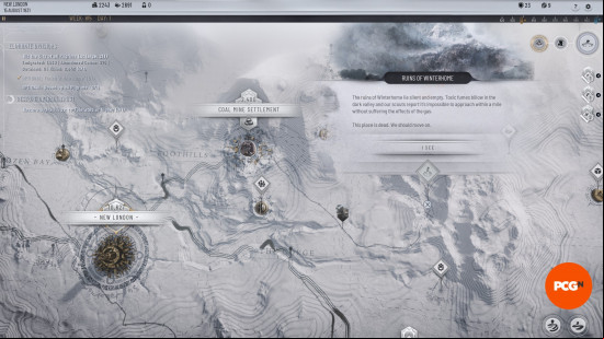 A top-down screenshot of the Frostpunk 2 map showing the location of Winterhome in relation to New London.