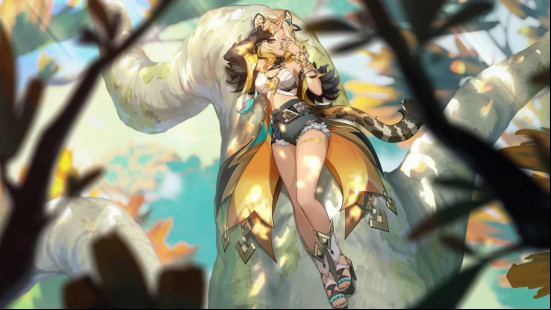 The character Xilonen lying on a tree in Genshin Impact