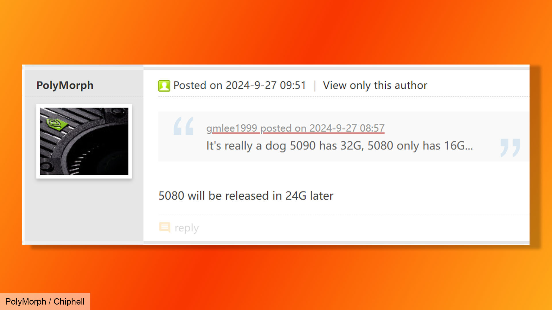 Nvidia GeForce RTX 5080 24GB rumor screenshot, from PolyMorph on the Chiphell forums
