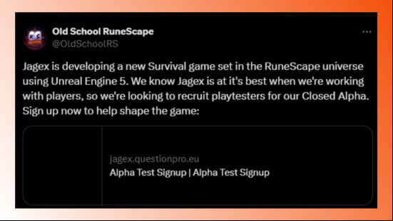 Jagex new survival game: X post announcing Jages is working on a new game