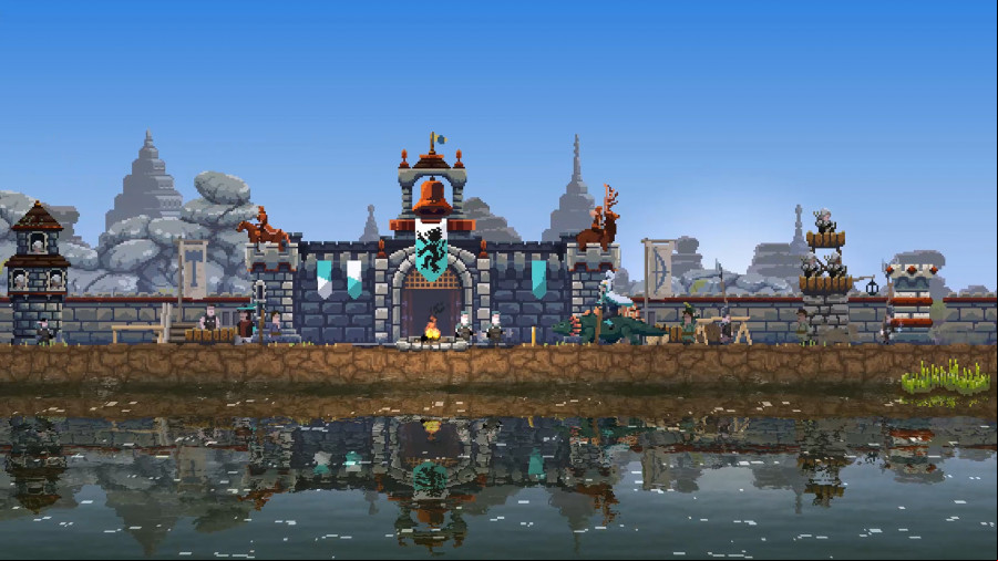 Kingdom Two Crowns: A pixel castle overlooking a lake area, framed by a blue sky