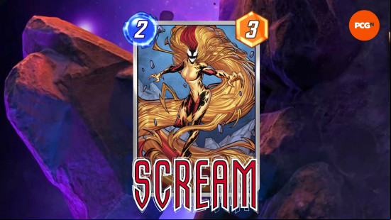 The Scream card from one of the best Marvel Snap decks in the current meta, including a power of 3 and a cost of 2.