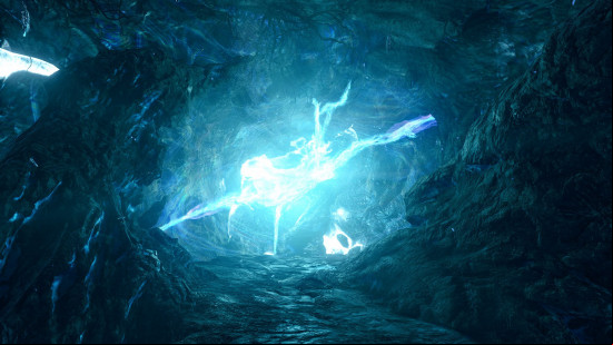 A sparkly blue cave in Starfield.