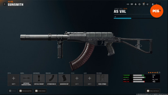 Best Black Ops 6 AS Val loadout: a large assault rifle with a list of attachments.