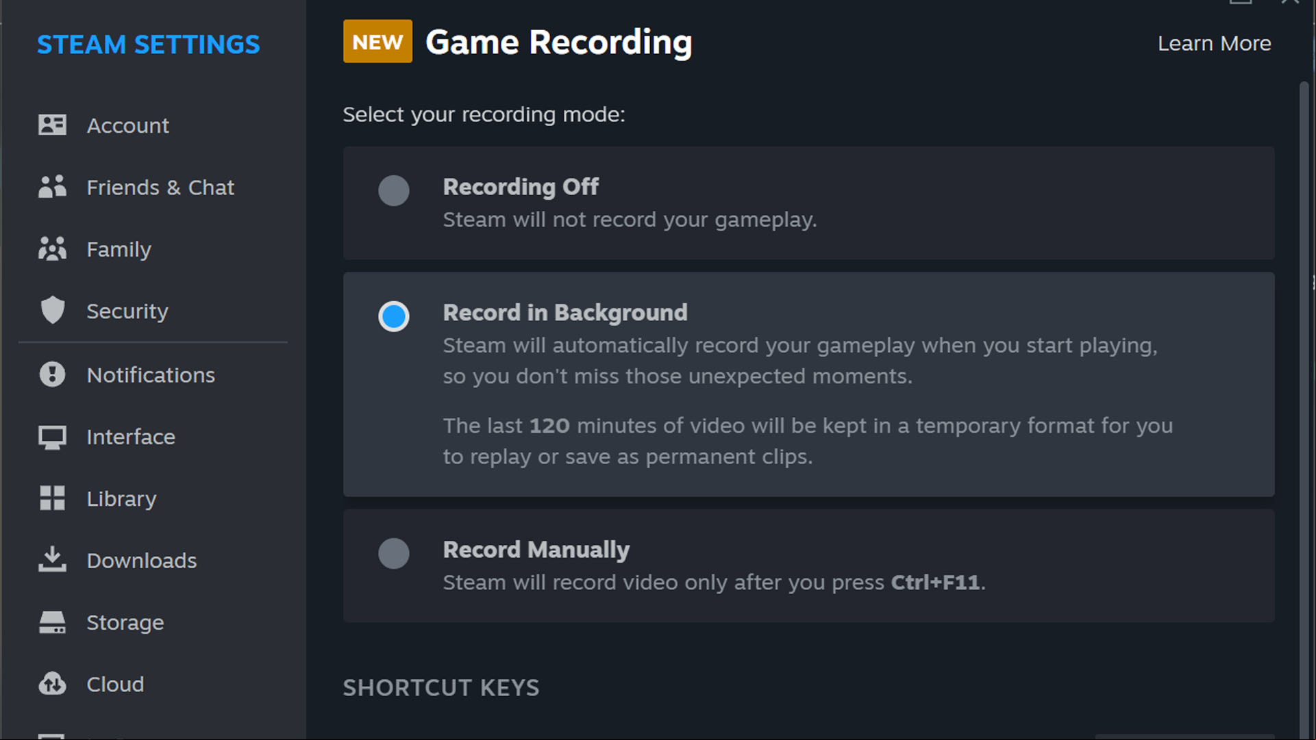 steam game recording on or off