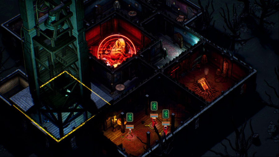 Deck of Haunts, an isometric view of a haunted mansion in a game, with various dimly-lit rooms, with a bell-tower to the left.