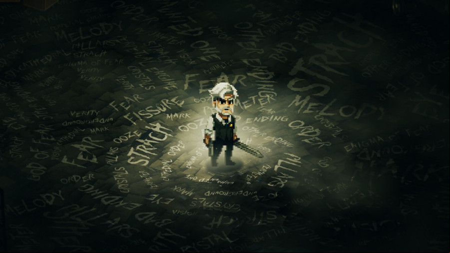 Enigma of Fear: Gameplay of Enigma of Fear showing an elderly man holding a sword, standing in the center of a dark room surrounded by words scrawled over the floor.